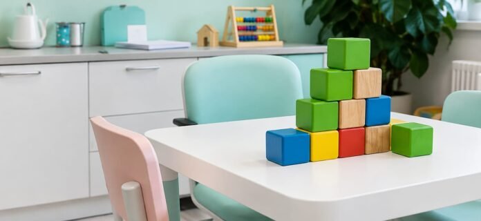 Sala de atendimento infantil com mesa, cadeiras e blocos coloridos, representando um ambiente de aprendizagem e intervenção comportamental.