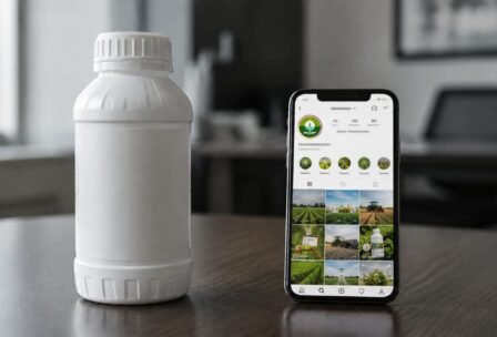 Frasco genérico de defensivo agrícola ao lado de um celular exibindo um perfil fictício do setor nas redes sociais, em ambiente corporativo.