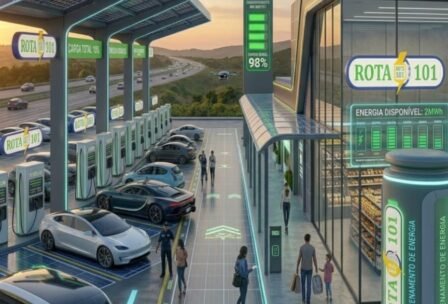 Projeção conceitual de unidade da rede Rota BR 101: estação de recarga rápida com carregadores DC, cobertura fotovoltaica e conveniência integrada ao longo do corredor da BR-101.