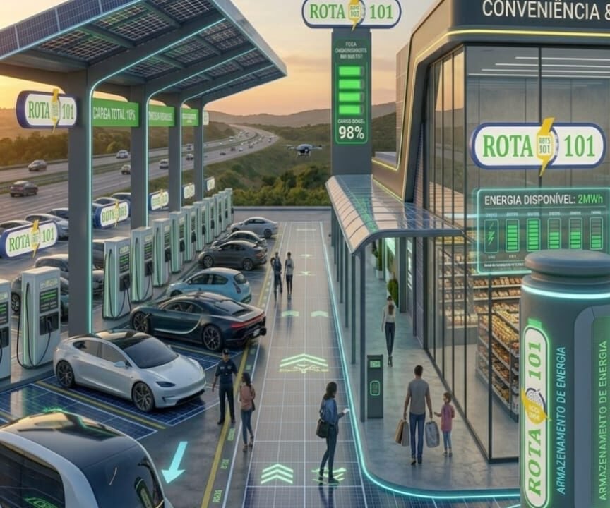 Projeção conceitual de unidade da rede Rota BR 101: estação de recarga rápida com carregadores DC, cobertura fotovoltaica e conveniência integrada ao longo do corredor da BR-101.