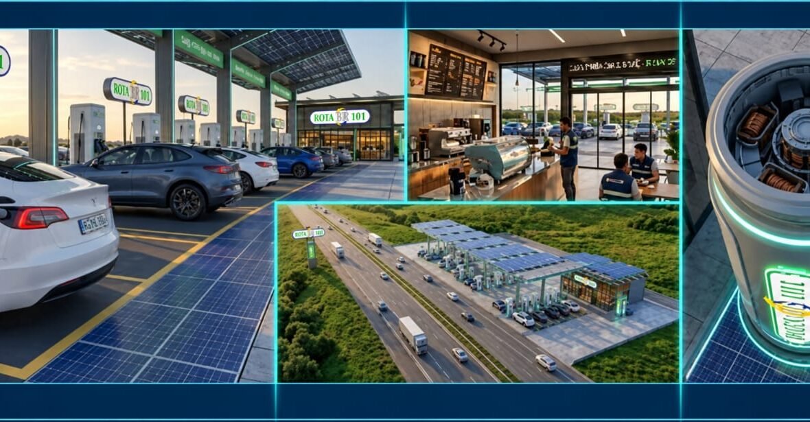 Projeção conceitual do modelo de unidade da Rota BR 101, com eletroposto, conveniência completa e cafeteria integradas e implantação à beira da rodovia.