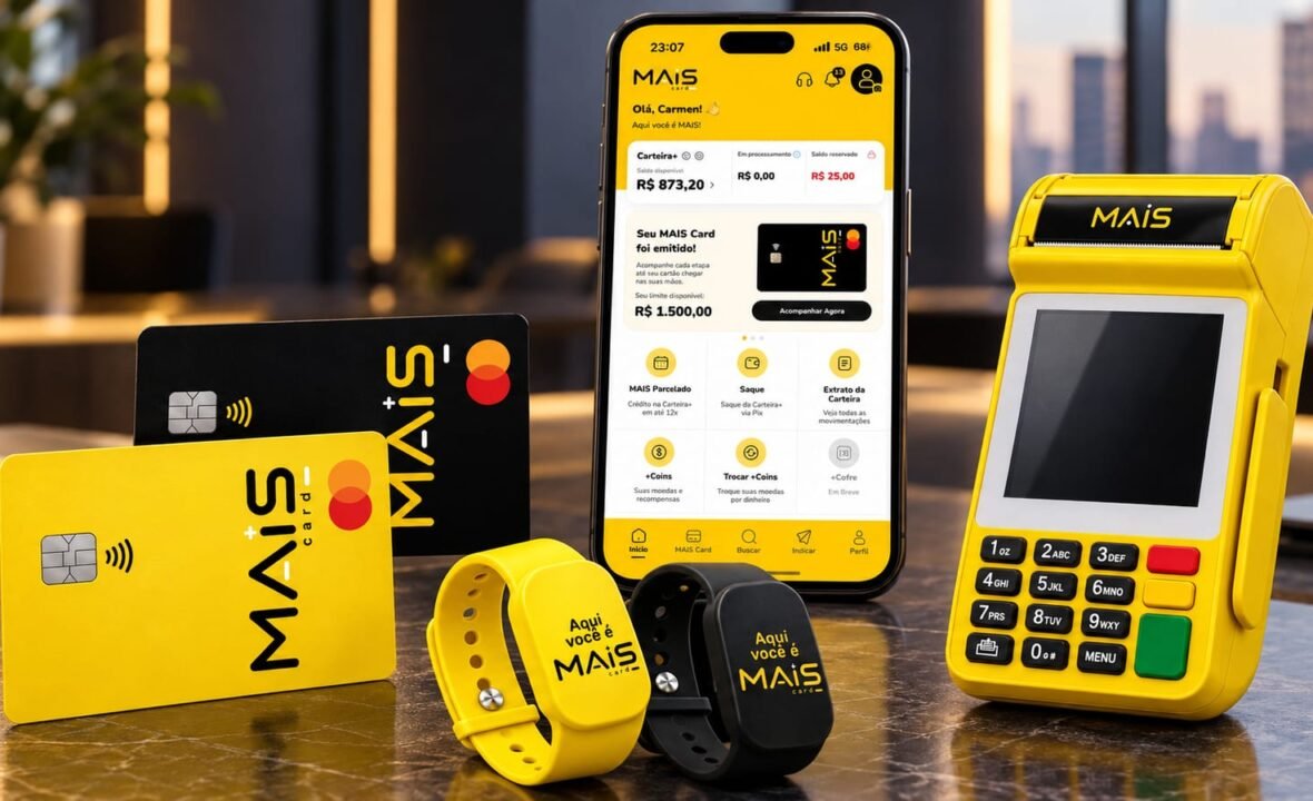 Ecossistema da MAIS Card reúne cartão de crédito, aplicativo, maquininha e pulseiras NFC em uma experiência financeira integrada.