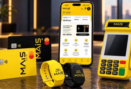 Ecossistema da MAIS Card reúne cartão de crédito, aplicativo, maquininha e pulseiras NFC em uma experiência financeira integrada.